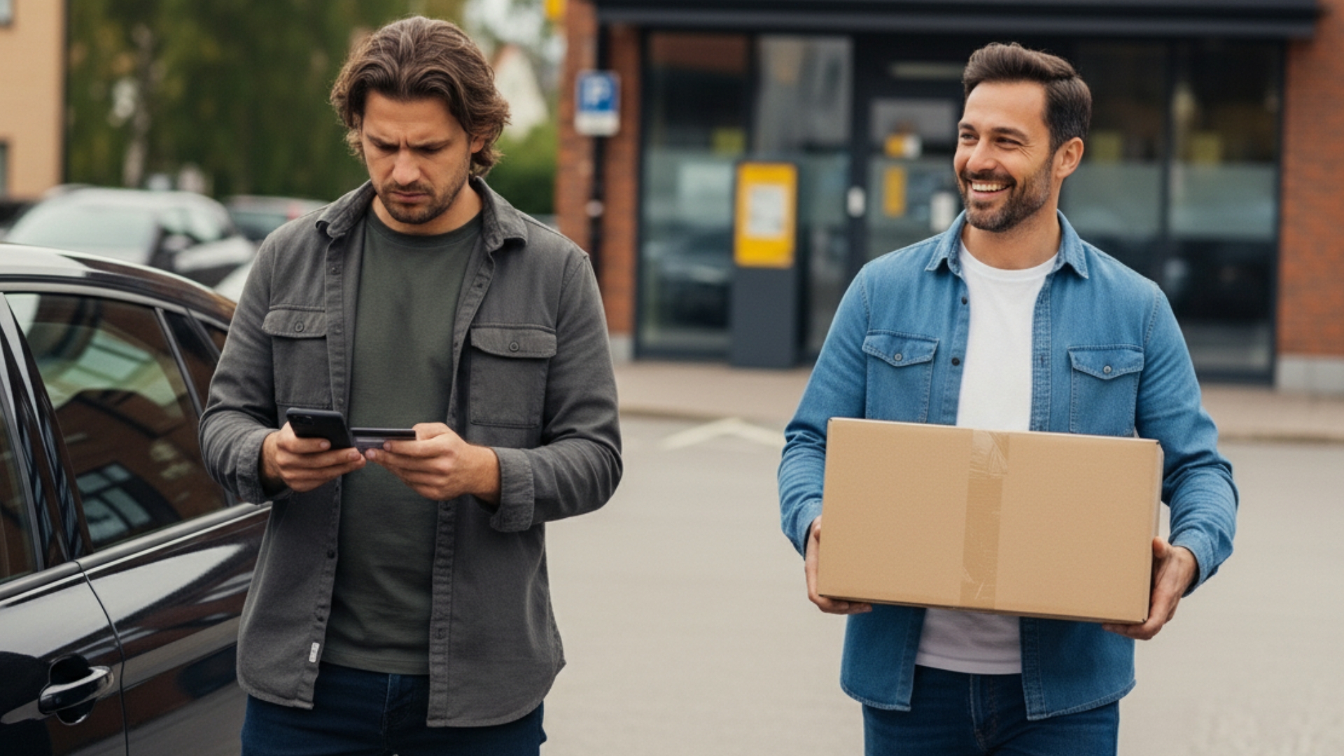 Two people walking from a store with a package